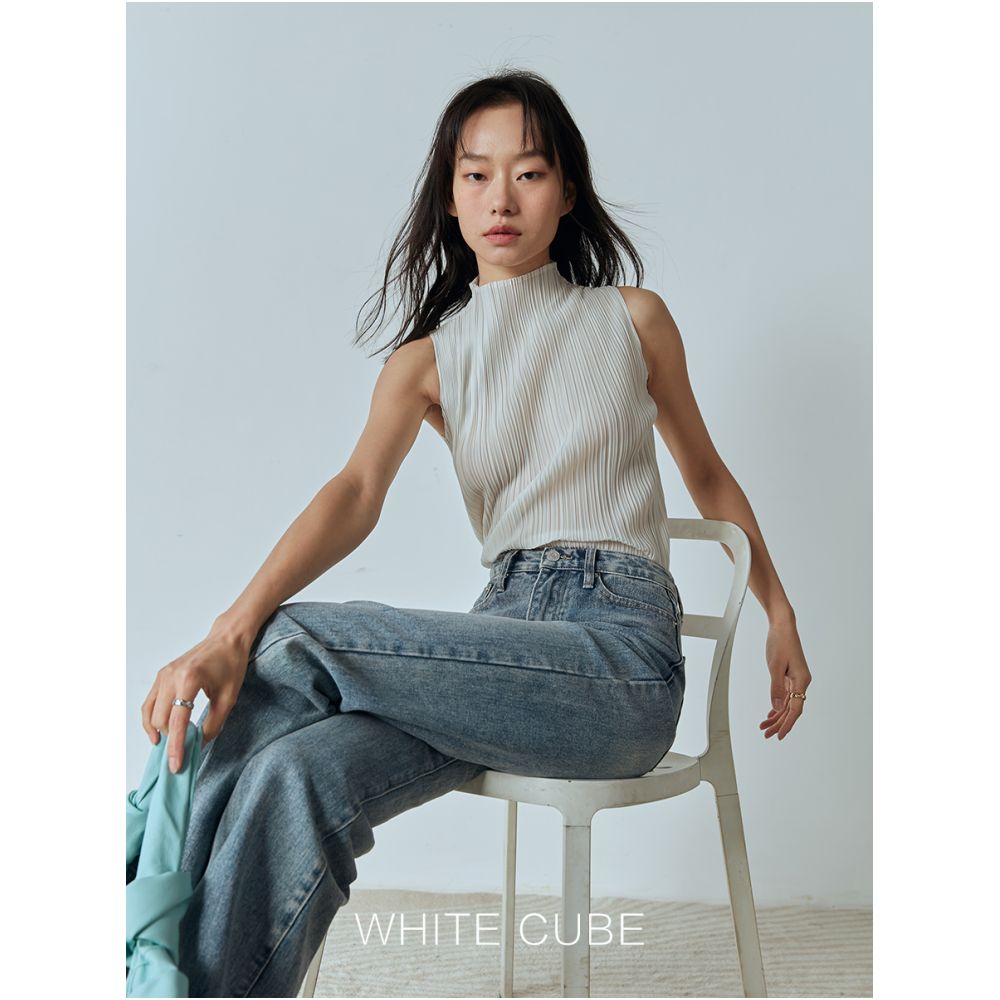 2025 Half High Collar Wrinkled Sleeveless Bottom T shirt Wrinkled Miyake Wind Pressure Wrinkled Slim Fit Versatile Vest Women s Summer image 3
