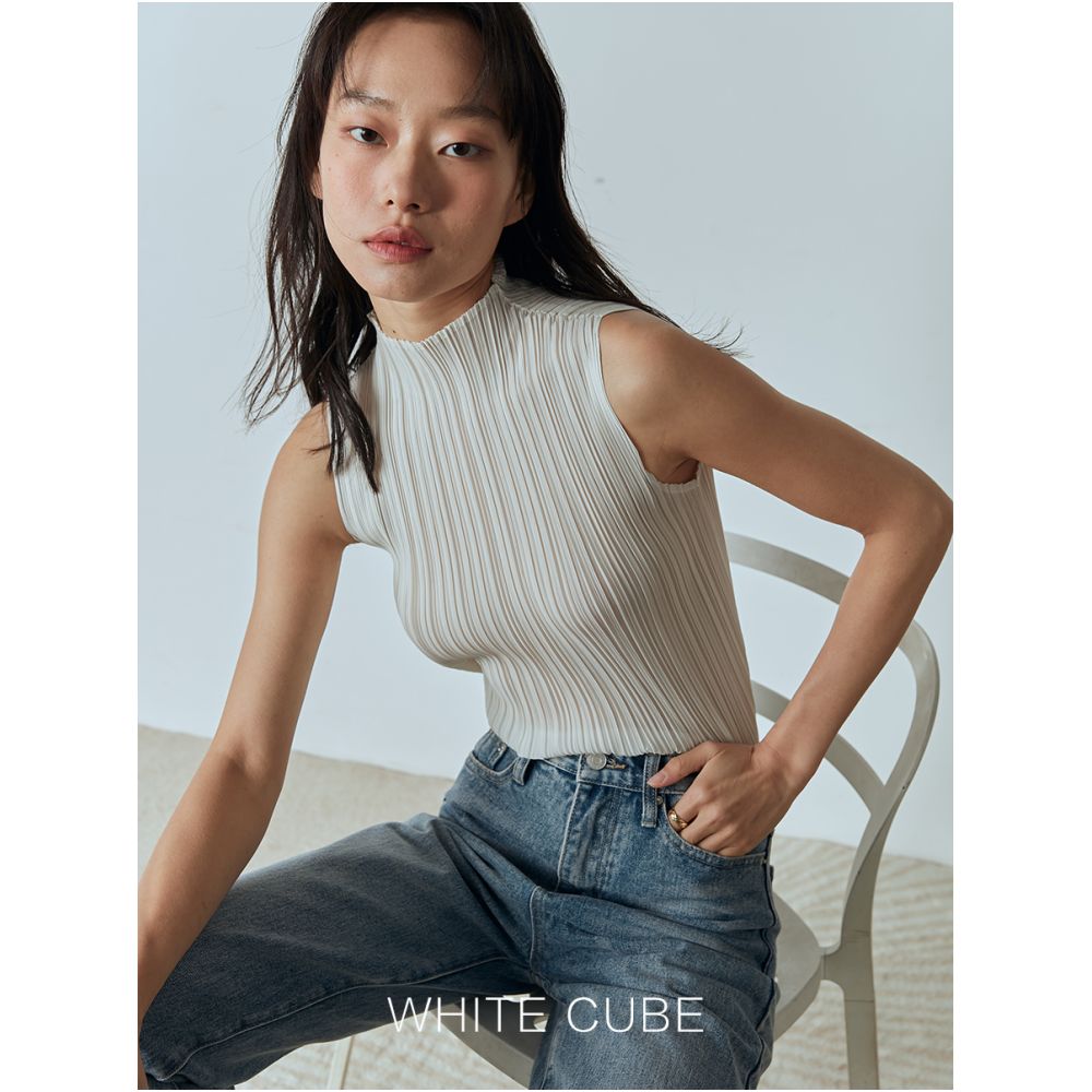 2025 Half High Collar Wrinkled Sleeveless Bottom T shirt Wrinkled Miyake Wind Pressure Wrinkled Slim Fit Versatile Vest Women s Summer image 0