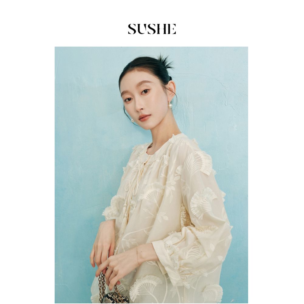Shuxi SUSHE 3D Embroidered 100 Cotton French Top niche high end white tassel shirt for women in autumn image 2