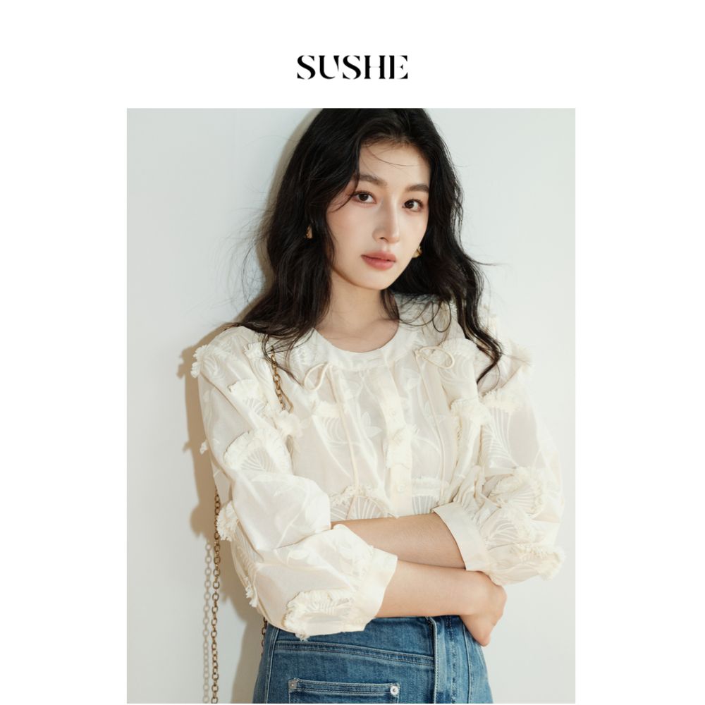 Shuxi SUSHE 3D Embroidered 100 Cotton French Top niche high end white tassel shirt for women in autumn image 3