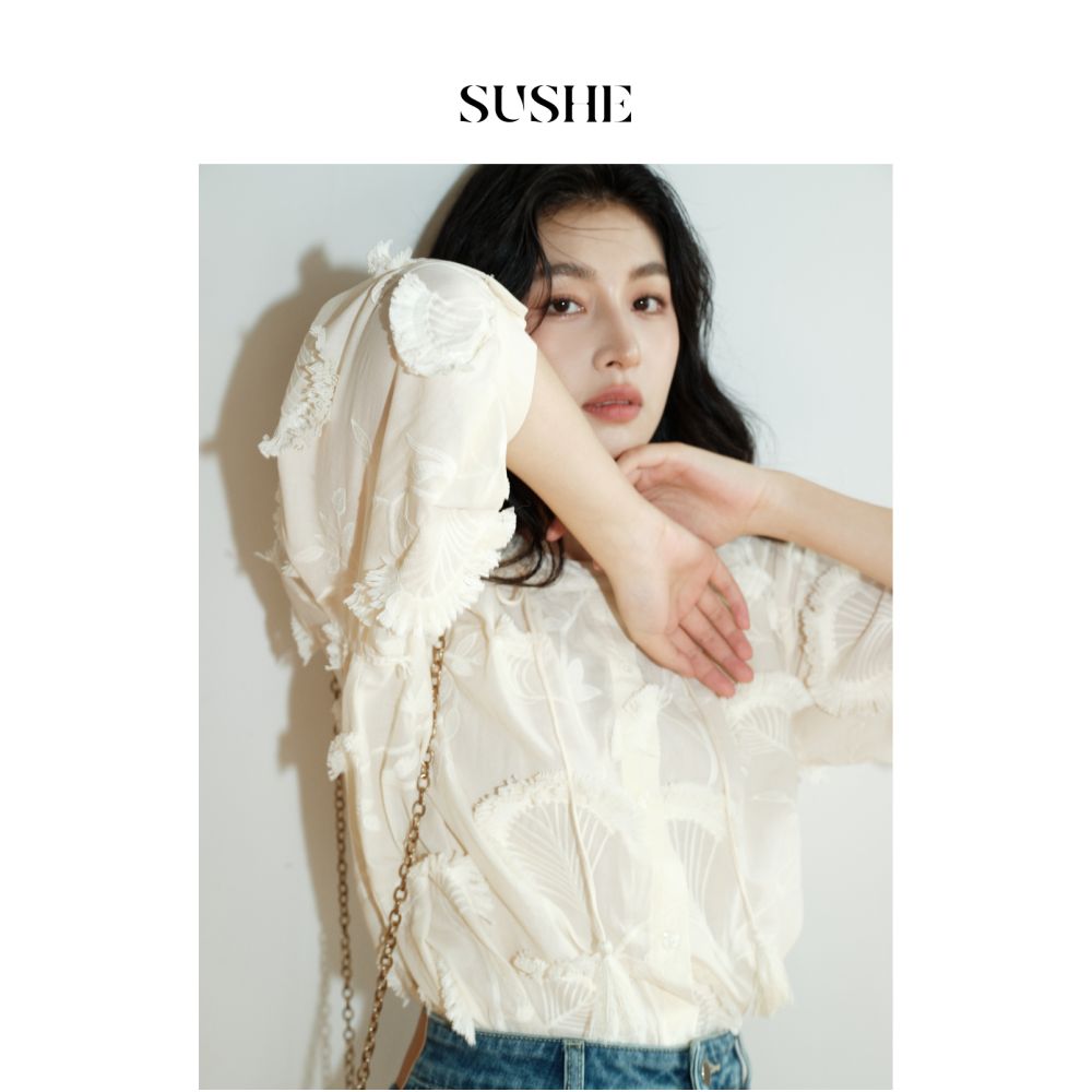Shuxi SUSHE 3D Embroidered 100 Cotton French Top niche high end white tassel shirt for women in autumn image 4