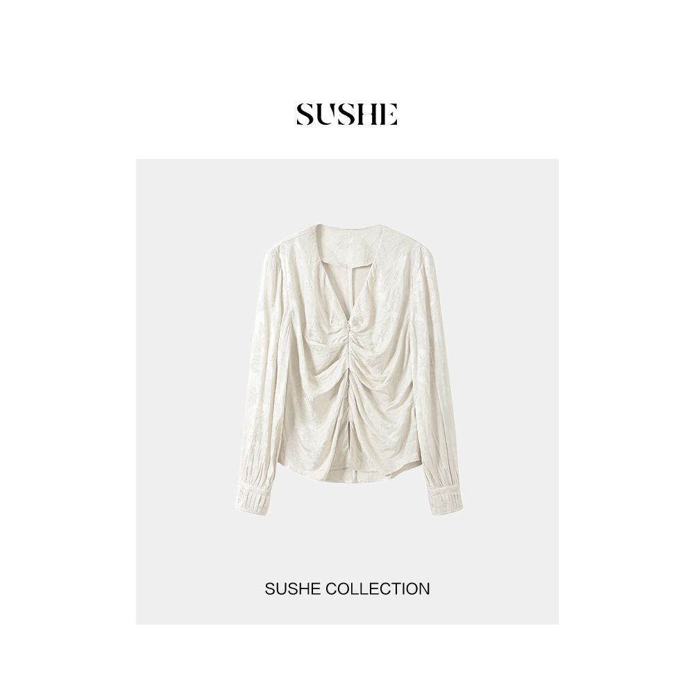 Oulai sells SUSHE new Chinese style V neck white jacquard style slimming shirt top for women in autumn image 8