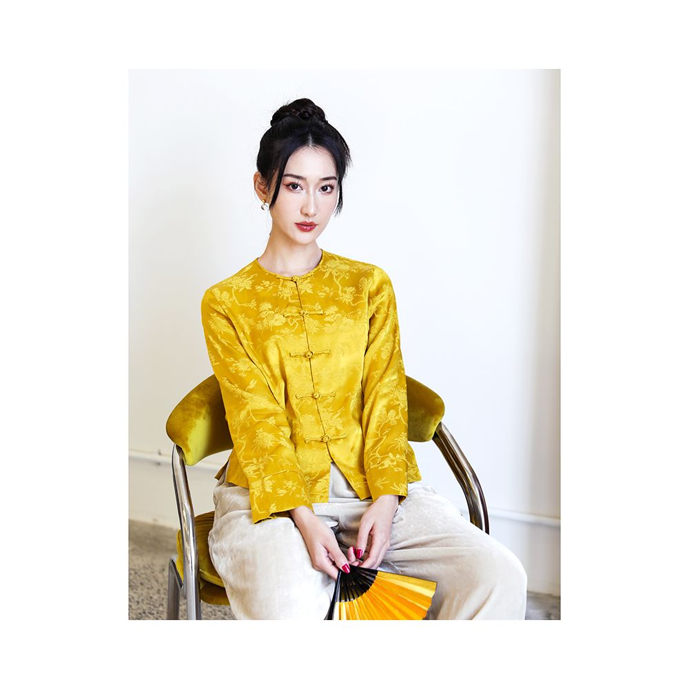 Taozhi Yaoyao 2023 Spring Summer Honey Language Literature Chinese Flower and Bird Pattern Round Neck Long Sleeve Short Crooked Button Shirt image 2