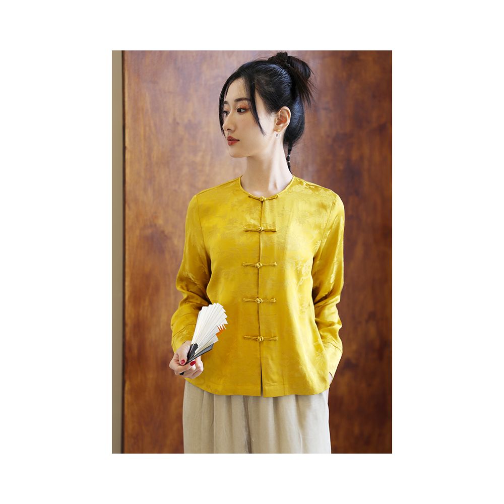 Taozhi Yaoyao 2023 Spring Summer Honey Language Literature Chinese Flower and Bird Pattern Round Neck Long Sleeve Short Crooked Button Shirt image 3