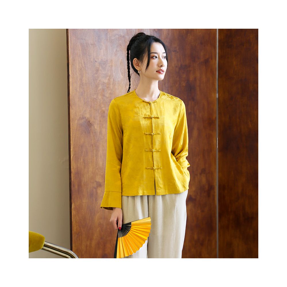 Taozhi Yaoyao 2023 Spring Summer Honey Language Literature Chinese Flower and Bird Pattern Round Neck Long Sleeve Short Crooked Button Shirt image 4