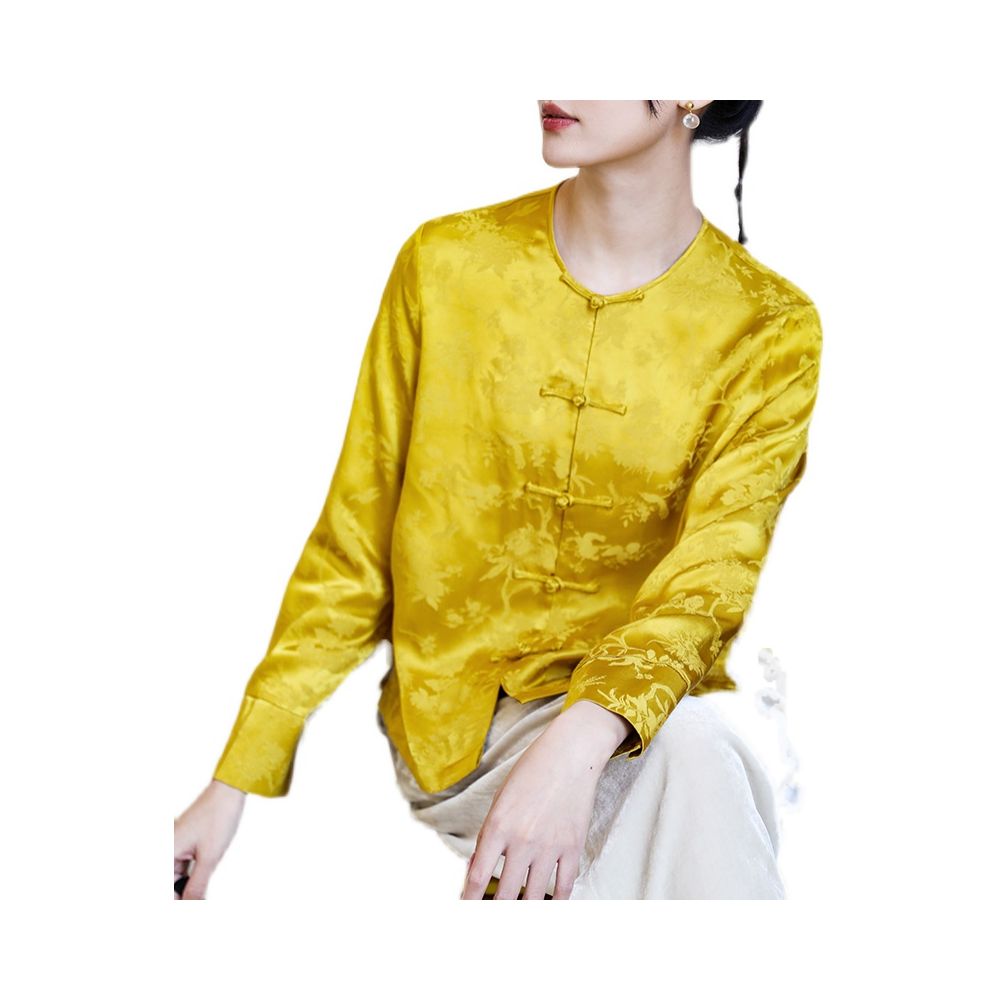 Taozhi Yaoyao 2023 Spring Summer Honey Language Literature Chinese Flower and Bird Pattern Round Neck Long Sleeve Short Crooked Button Shirt image 5