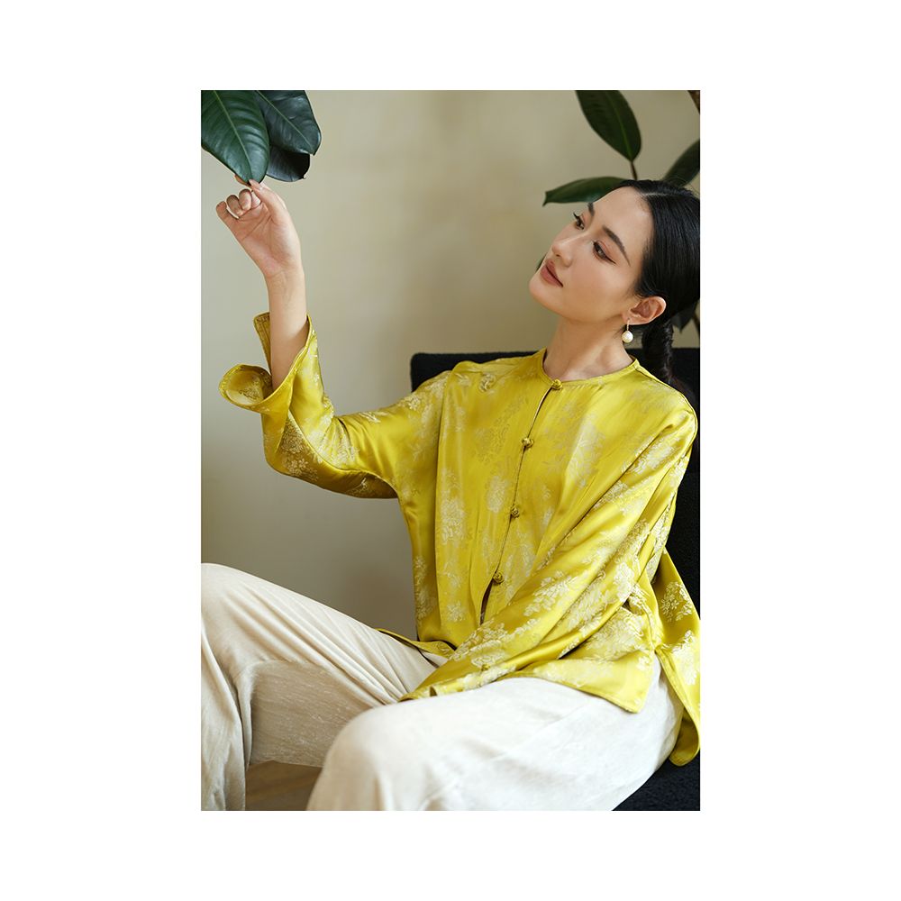 Taozhi Yaoyao 2023 Autumn Lemon Chinese style artistic large flower round neck long sleeved versatile loose cardigan for spring and autumn image 2