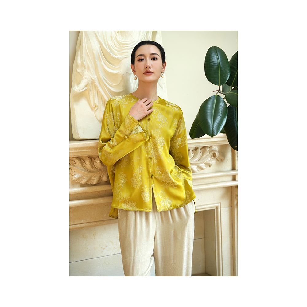 Taozhi Yaoyao 2023 Autumn Lemon Chinese style artistic large flower round neck long sleeved versatile loose cardigan for spring and autumn image 3