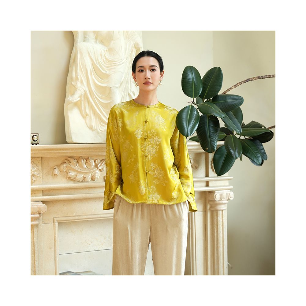 Taozhi Yaoyao 2023 Autumn Lemon Chinese style artistic large flower round neck long sleeved versatile loose cardigan for spring and autumn image 4