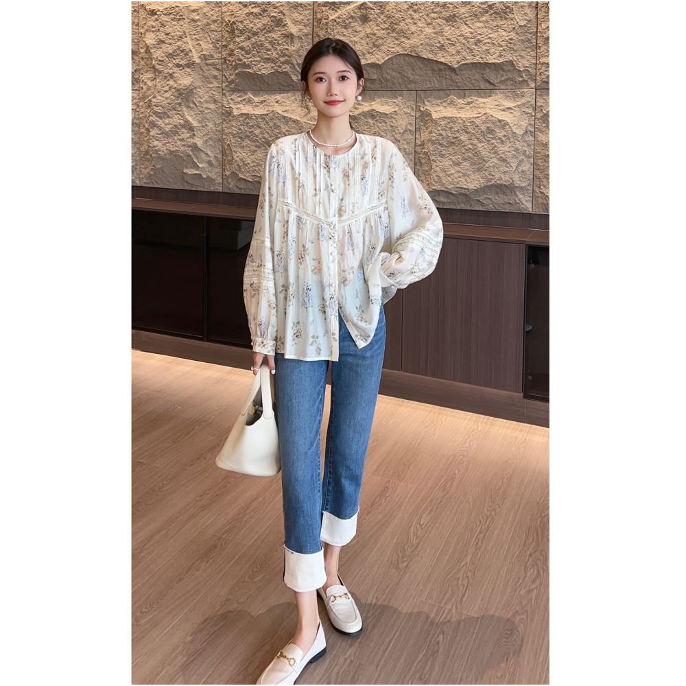 Qiqijia Design Sense Round Neck Floral Blouse Women s 2024 Autumn New Product Unique Single breasted Long sleeved Shirt image 10