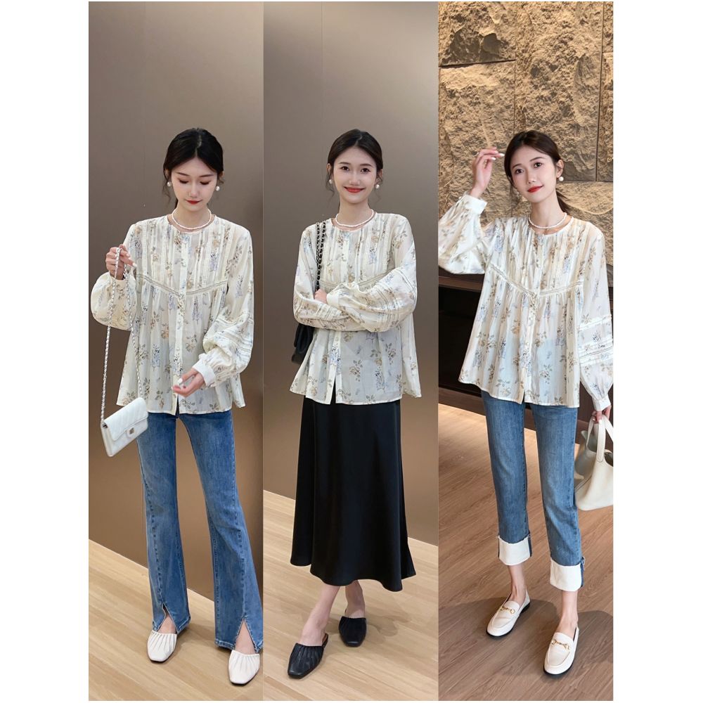 Qiqijia Design Sense Round Neck Floral Blouse Women s 2024 Autumn New Product Unique Single breasted Long sleeved Shirt image 11