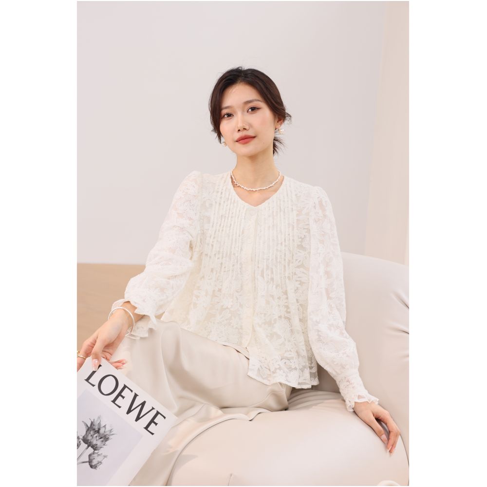 Qiqijia Rice White Round Neck Lace Flower Shirt 2024 Autumn New Product Casual Versatile Chiffon Top image 2