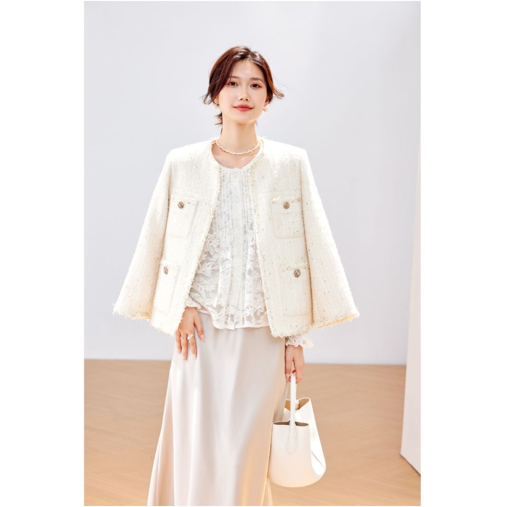 Qiqijia Rice White Round Neck Lace Flower Shirt 2024 Autumn New Product Casual Versatile Chiffon Top image 3