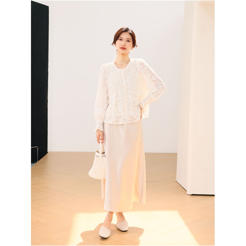 Qiqijia Rice White Round Neck Lace Flower Shirt 2024 Autumn New Product Casual Versatile Chiffon Top image 4
