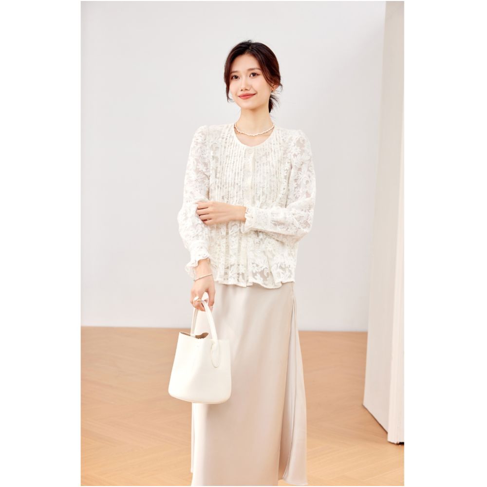 Qiqijia Rice White Round Neck Lace Flower Shirt 2024 Autumn New Product Casual Versatile Chiffon Top image 5