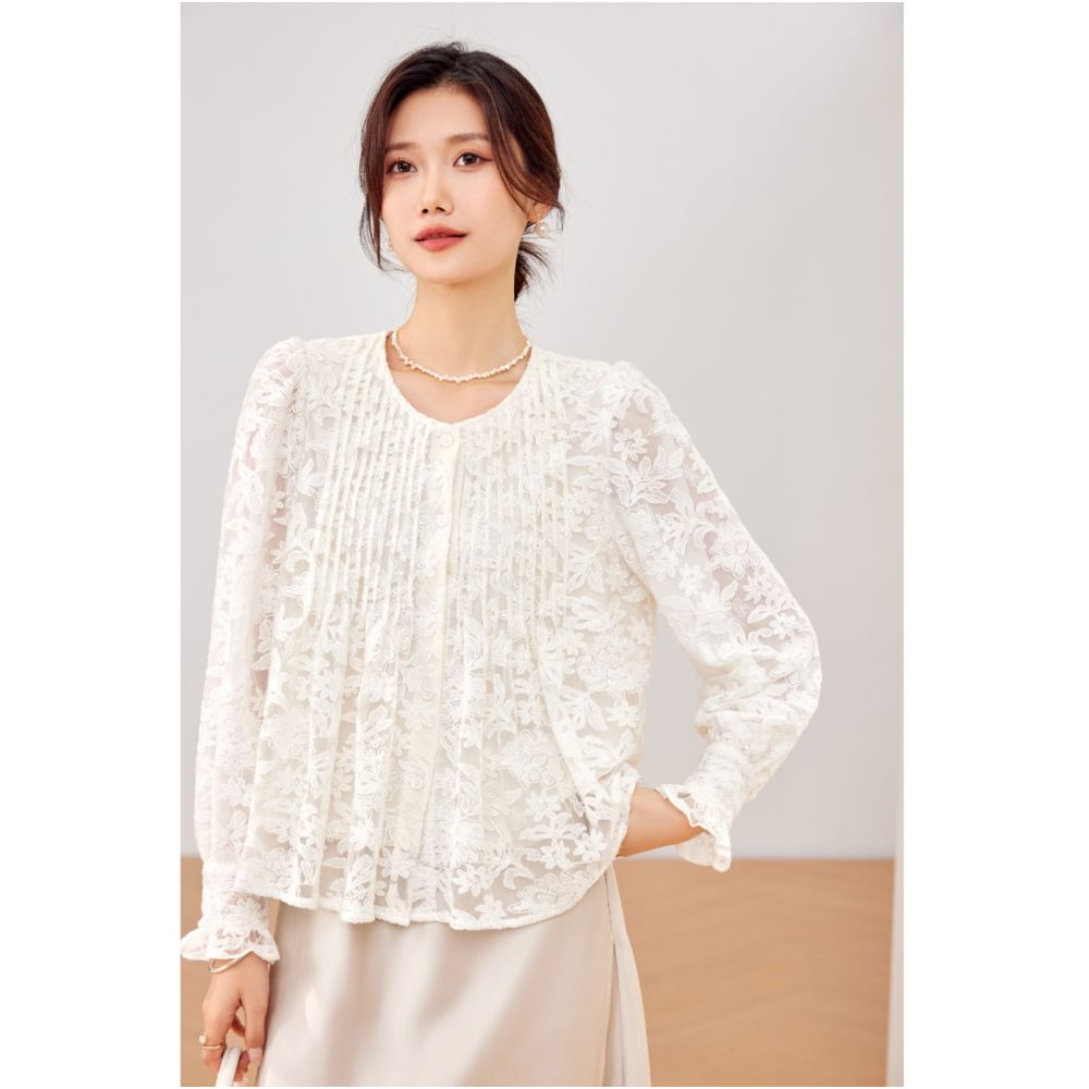 Qiqijia Rice White Round Neck Lace Flower Shirt 2024 Autumn New Product Casual Versatile Chiffon Top image 0