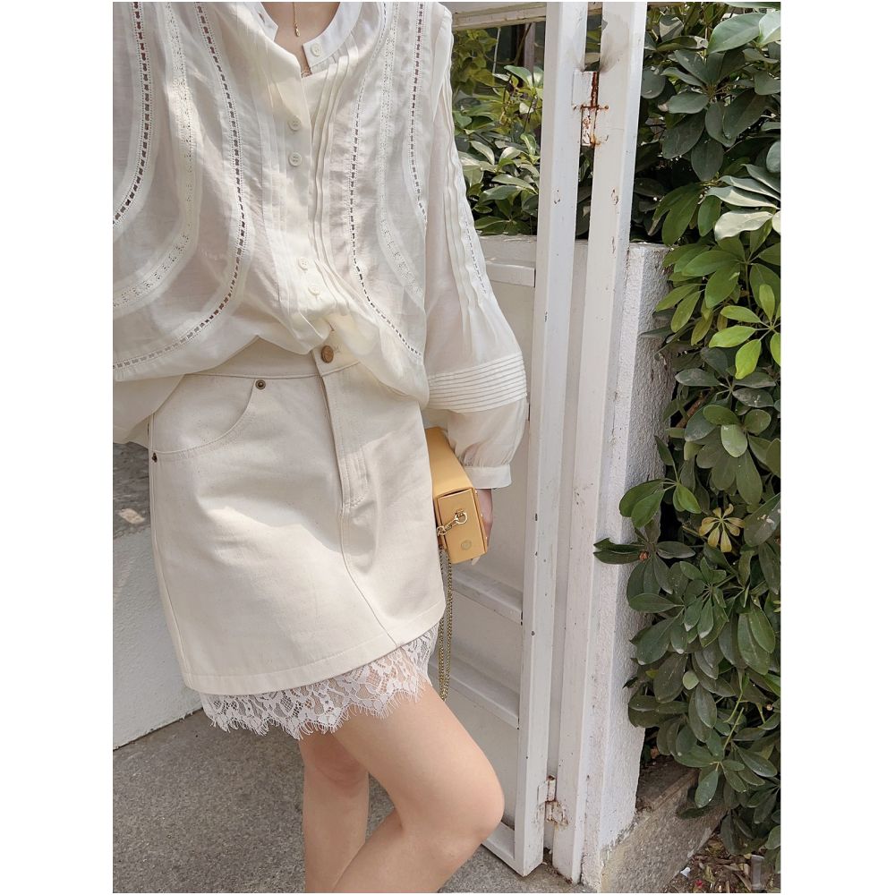 A line denim short skirt 2024 spring new style skirt with lace and lace stitching high waisted skirt for children image 3