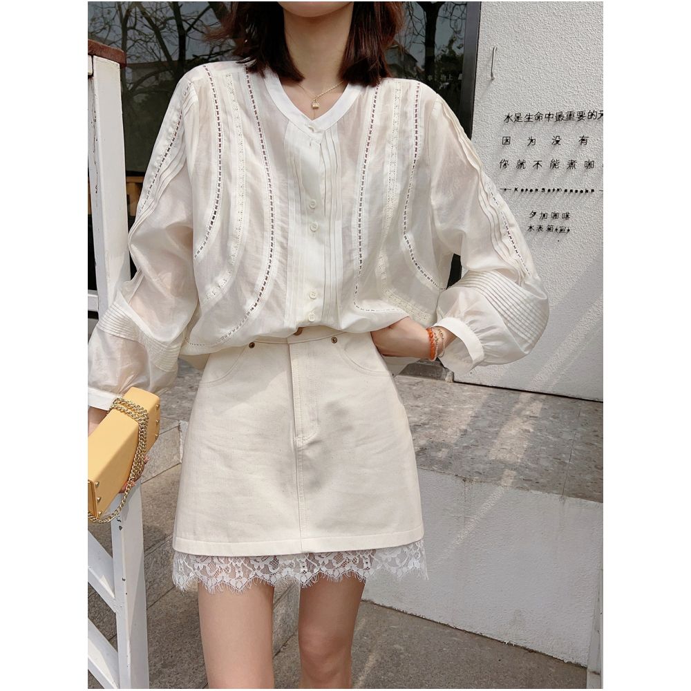 A line denim short skirt 2024 spring new style skirt with lace and lace stitching high waisted skirt for children image 0