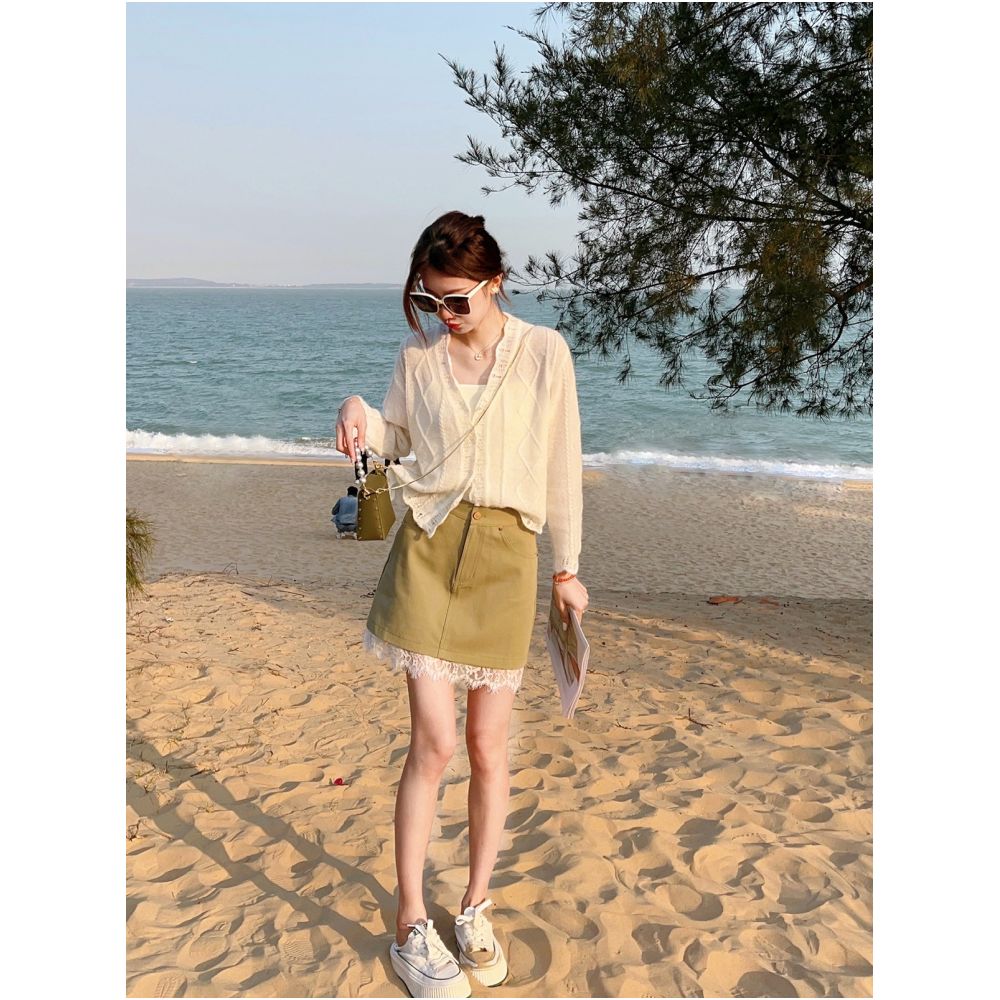 A line denim short skirt 2024 spring new style skirt with lace and lace stitching high waisted skirt for children image 18