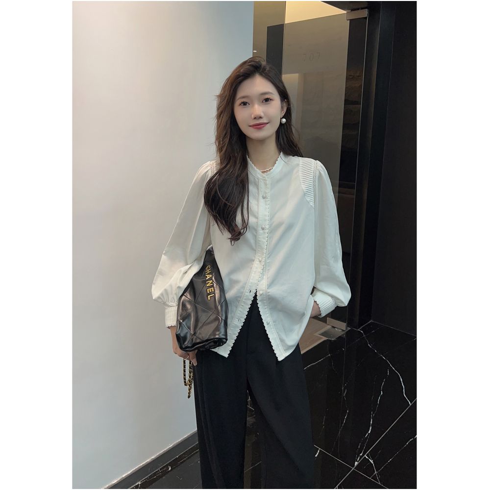 Qiqijia Shoulder Sleeve Splicing Crimson Lace Lace White Shirt 2024 Autumn New Product Women s Long Sleeve Shirt image 3