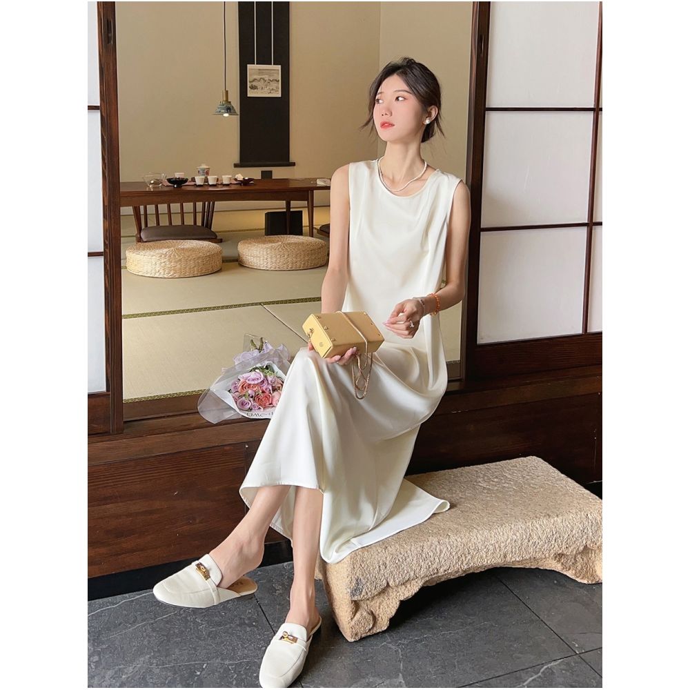 Qiqijia Rice Apricot Embroidered Double Plate Buckle Chinese Style Lining Dress 2024 Summer New Collection Stand Collar Two Piece Dress for Women image 3