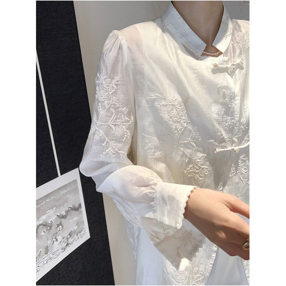 Qiqijia Rice Apricot Embroidered Double Plate Buckle Chinese Style Lining Dress 2024 Summer New Collection Stand Collar Two Piece Dress for Women image 4
