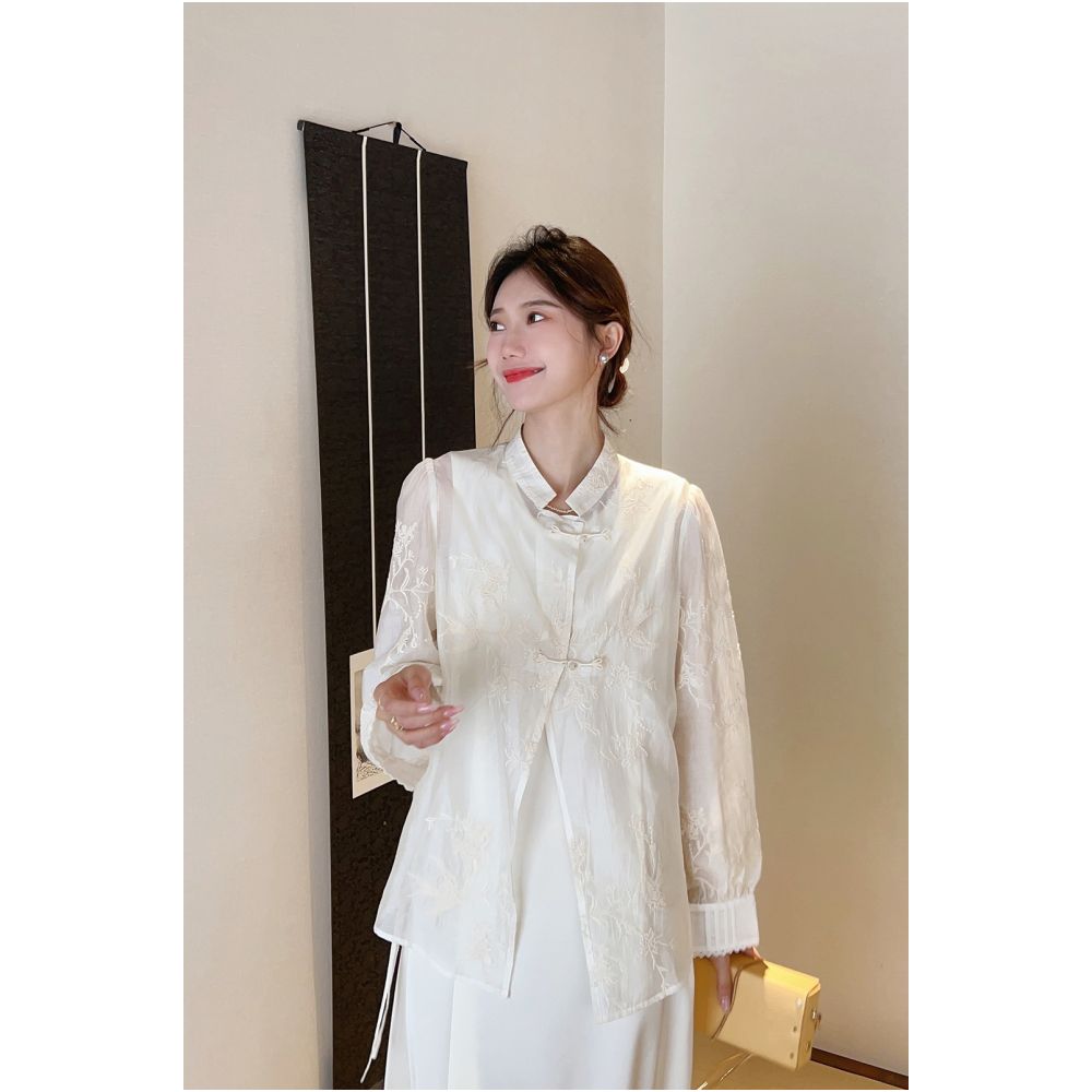 Qiqijia Rice Apricot Embroidered Double Plate Buckle Chinese Style Lining Dress 2024 Summer New Collection Stand Collar Two Piece Dress for Women image 6
