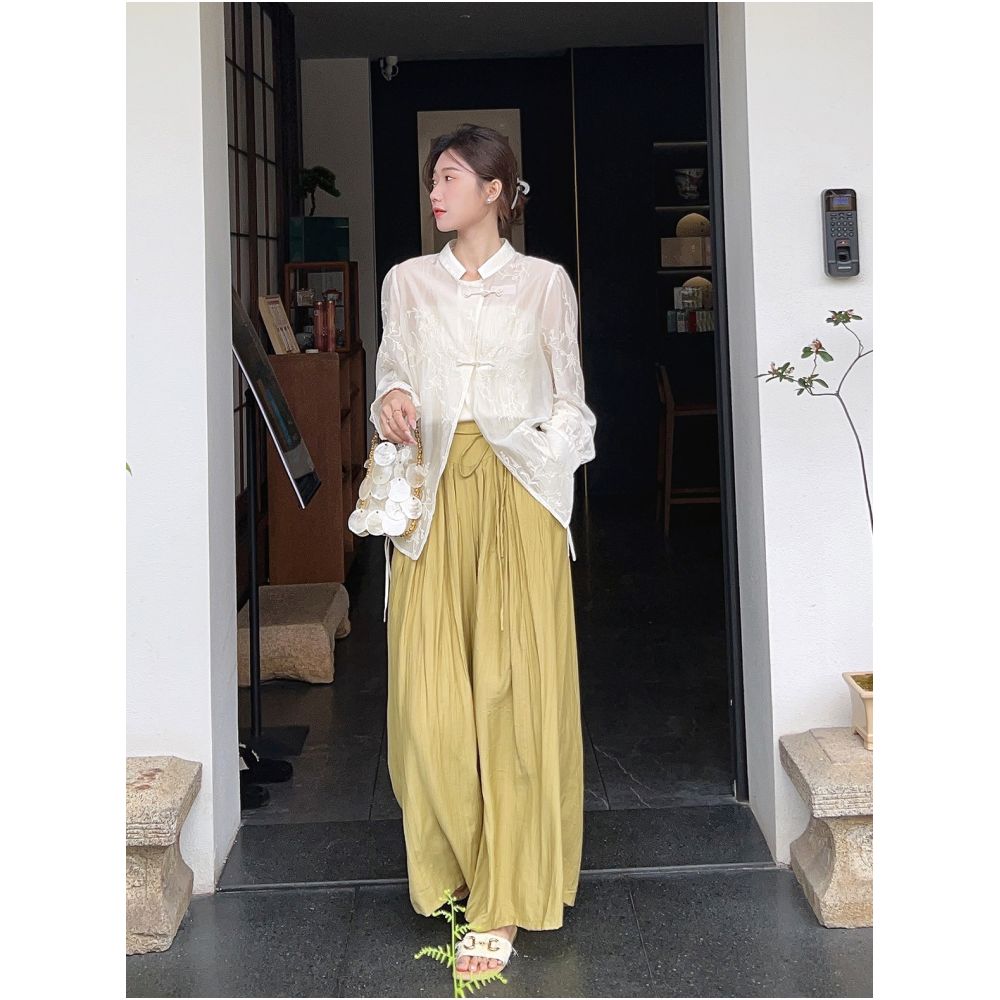 Qiqi Family Green High Waist Folded Elastic Waist Wide Leg Pants 2024 Summer New Loose Leg Tight Pants for Children image 4