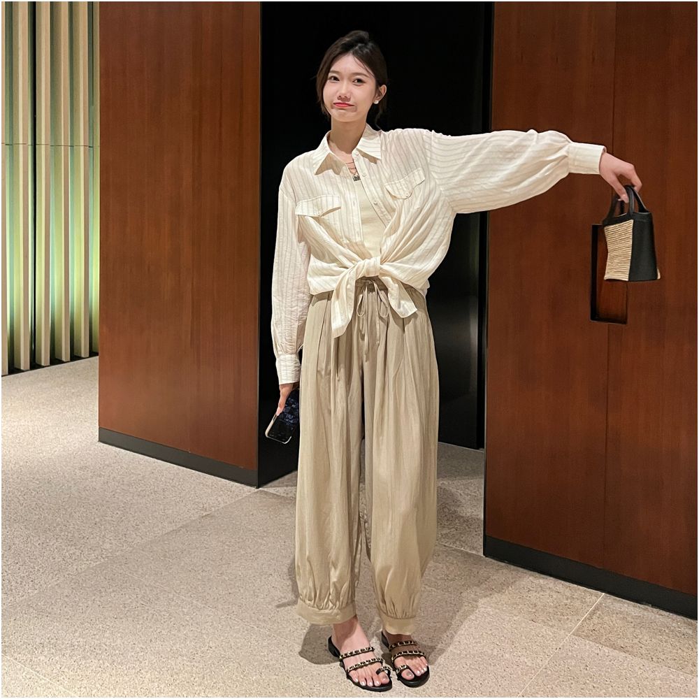 Qiqi Family Green High Waist Folded Elastic Waist Wide Leg Pants 2024 Summer New Loose Leg Tight Pants for Children image 6