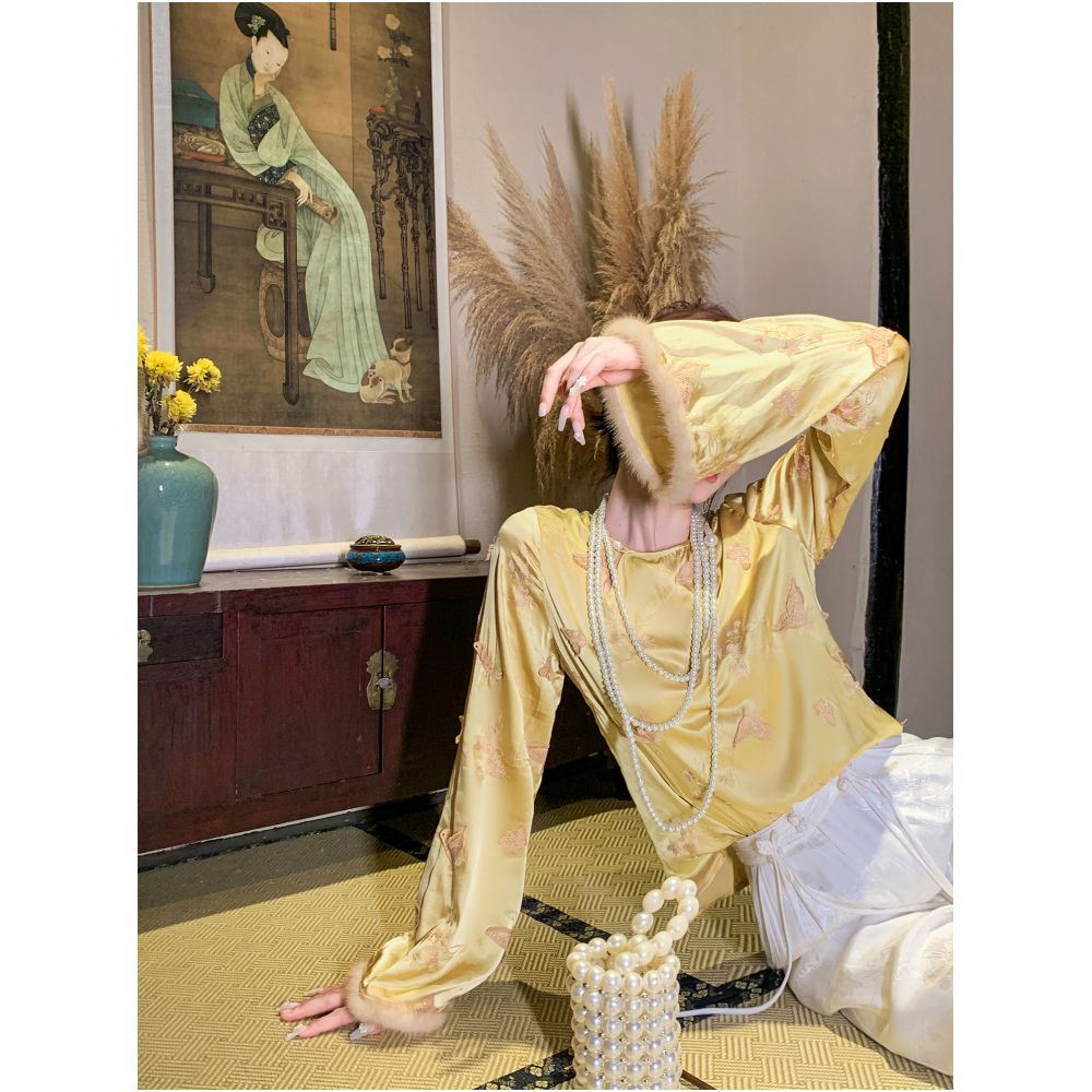 Break the code Yu Xiaoxiao Mirror Flower Butterfly Temperament 100 Silk Mink Cuffs Splicing Slim Shirt image 1