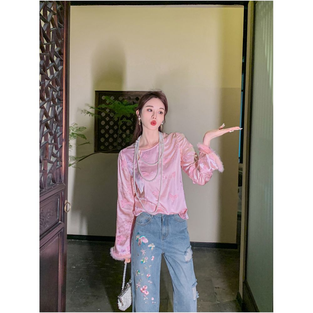 Break the code Yu Xiaoxiao Mirror Flower Butterfly Temperament 100 Silk Mink Cuffs Splicing Slim Shirt image 2