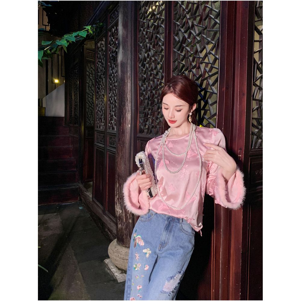 Break the code Yu Xiaoxiao Mirror Flower Butterfly Temperament 100 Silk Mink Cuffs Splicing Slim Shirt image 4