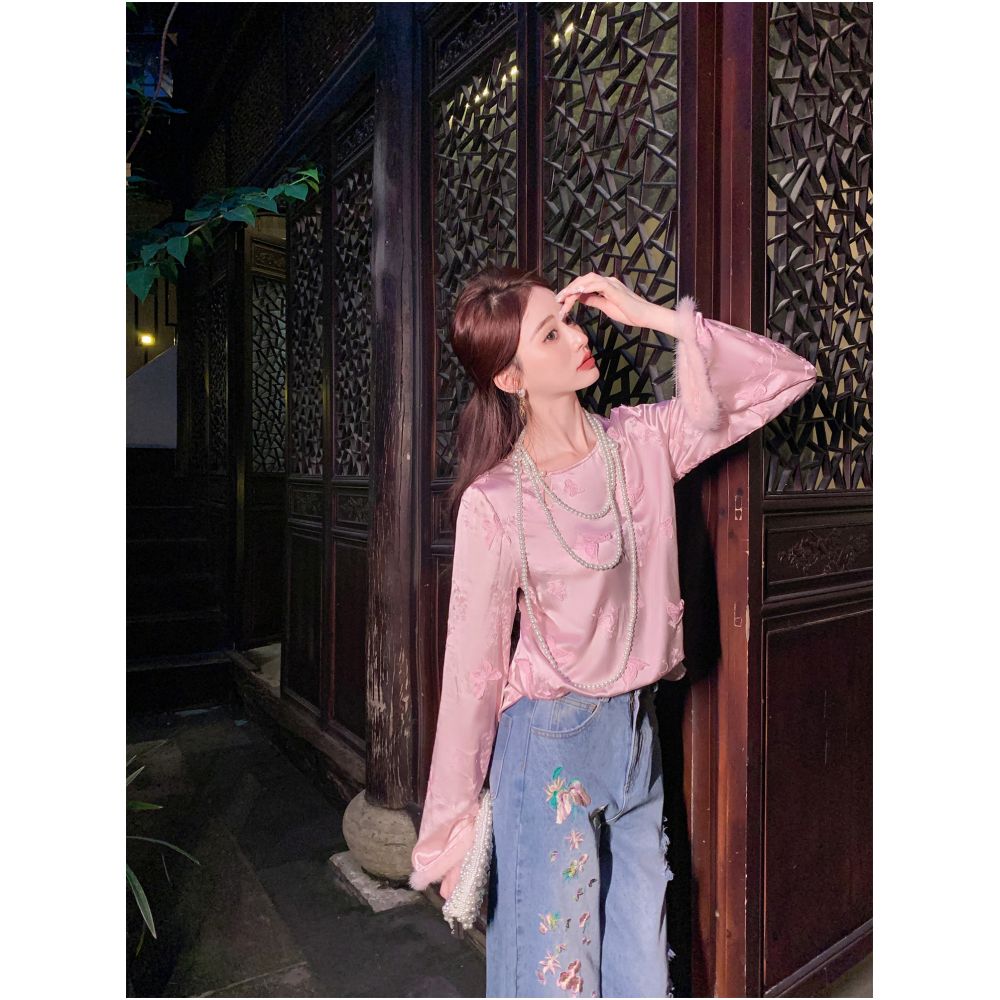 Break the code Yu Xiaoxiao Mirror Flower Butterfly Temperament 100 Silk Mink Cuffs Splicing Slim Shirt image 5