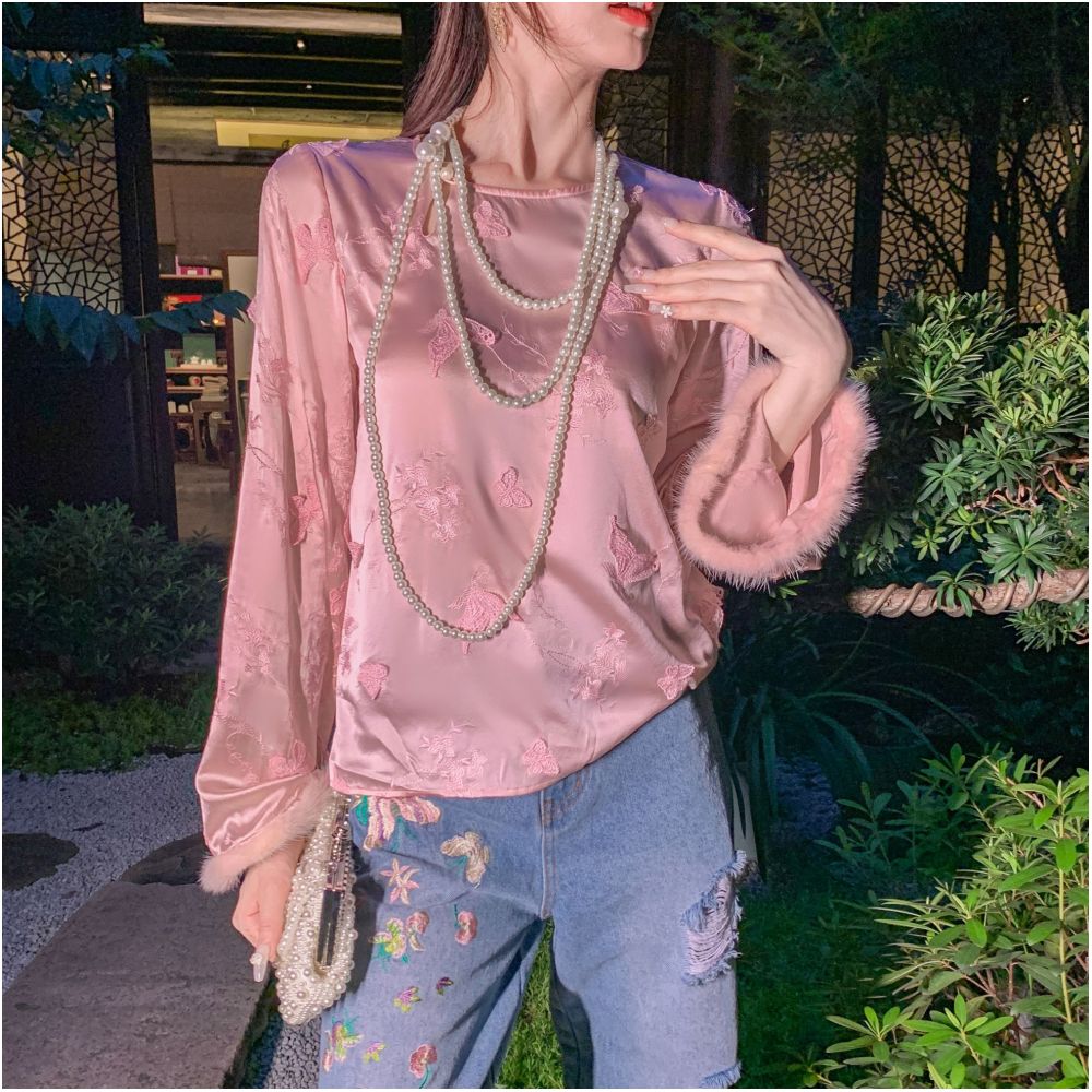 Break the code Yu Xiaoxiao Mirror Flower Butterfly Temperament 100 Silk Mink Cuffs Splicing Slim Shirt image 13