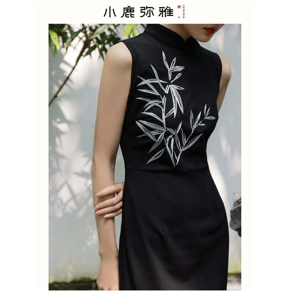 Xiaolu Miya Bamboo original design new Chinese style embroidered cheongsam sleeveless little black dress long dress summer image 1