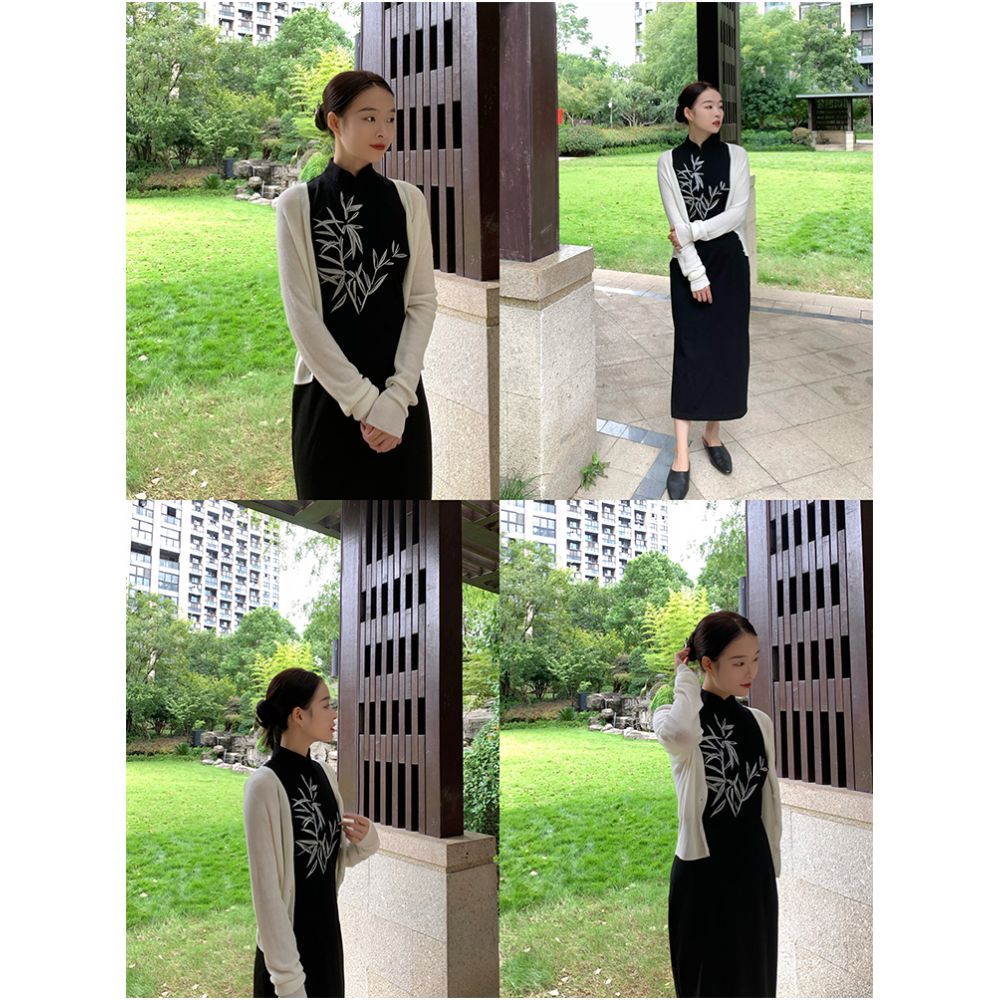Xiaolu Miya Bamboo original design new Chinese style embroidered cheongsam sleeveless little black dress long dress summer image 4