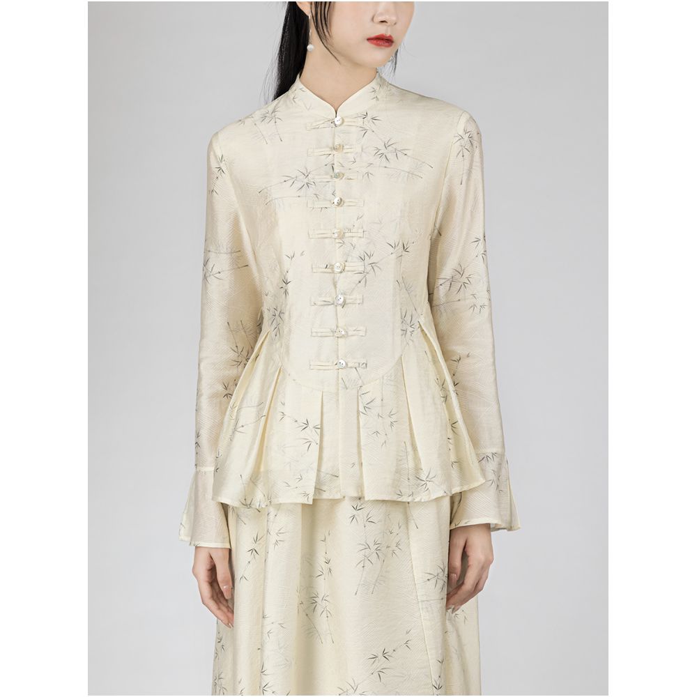 Yyan means to improve the new Chinese style bamboo pattern buckle shirt Chinese style spring and autumn retro printed suit for women image 2