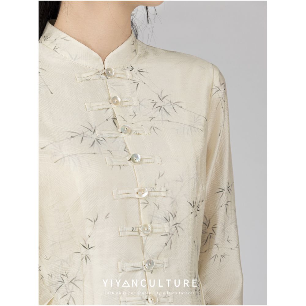 Yyan means to improve the new Chinese style bamboo pattern buckle shirt Chinese style spring and autumn retro printed suit for women image 3