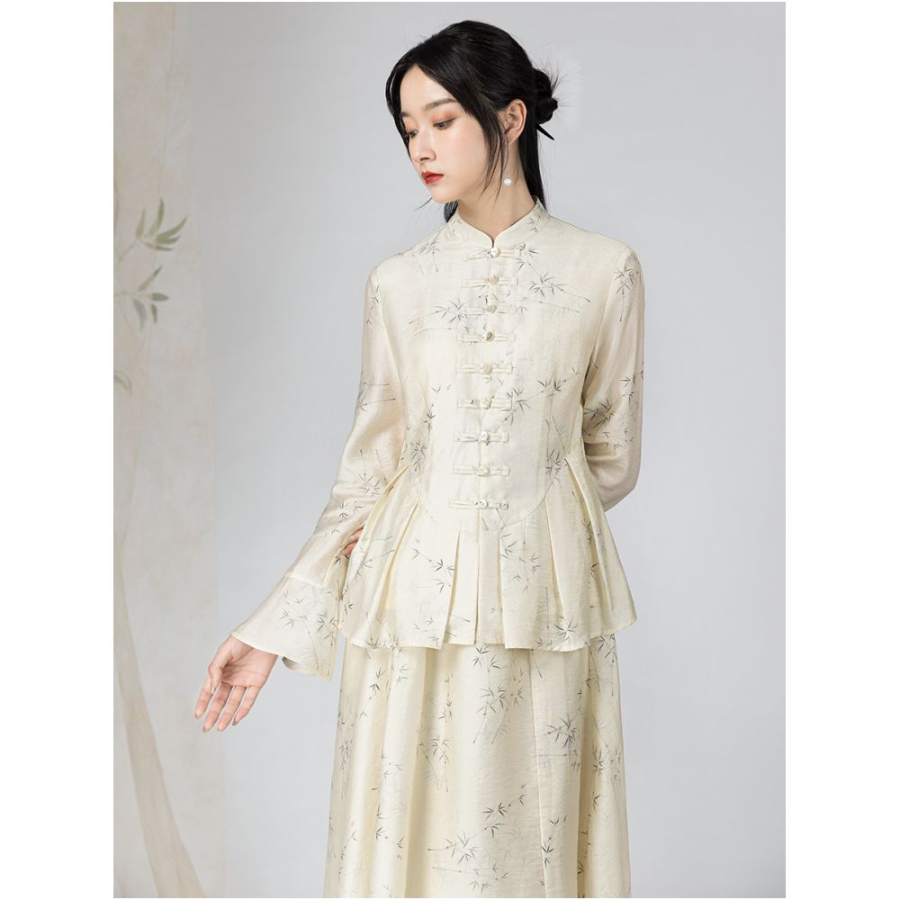 Yyan means to improve the new Chinese style bamboo pattern buckle shirt Chinese style spring and autumn retro printed suit for women image 4