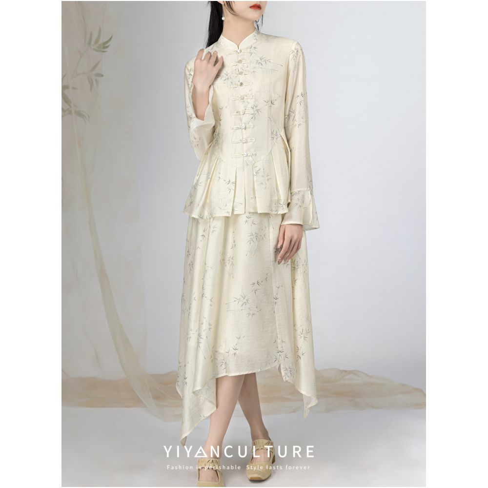 Yyan means to improve the new Chinese style bamboo pattern buckle shirt Chinese style spring and autumn retro printed suit for women image 5