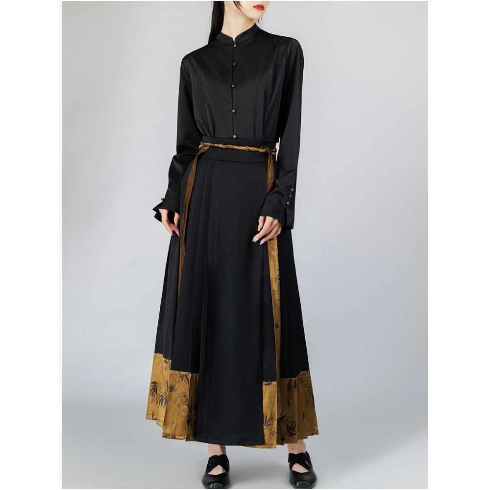 YYAN Italian style horse face skirt set with improved Ming style black gold bamboo pattern vinegar fabric splicing half skirt for women image 3
