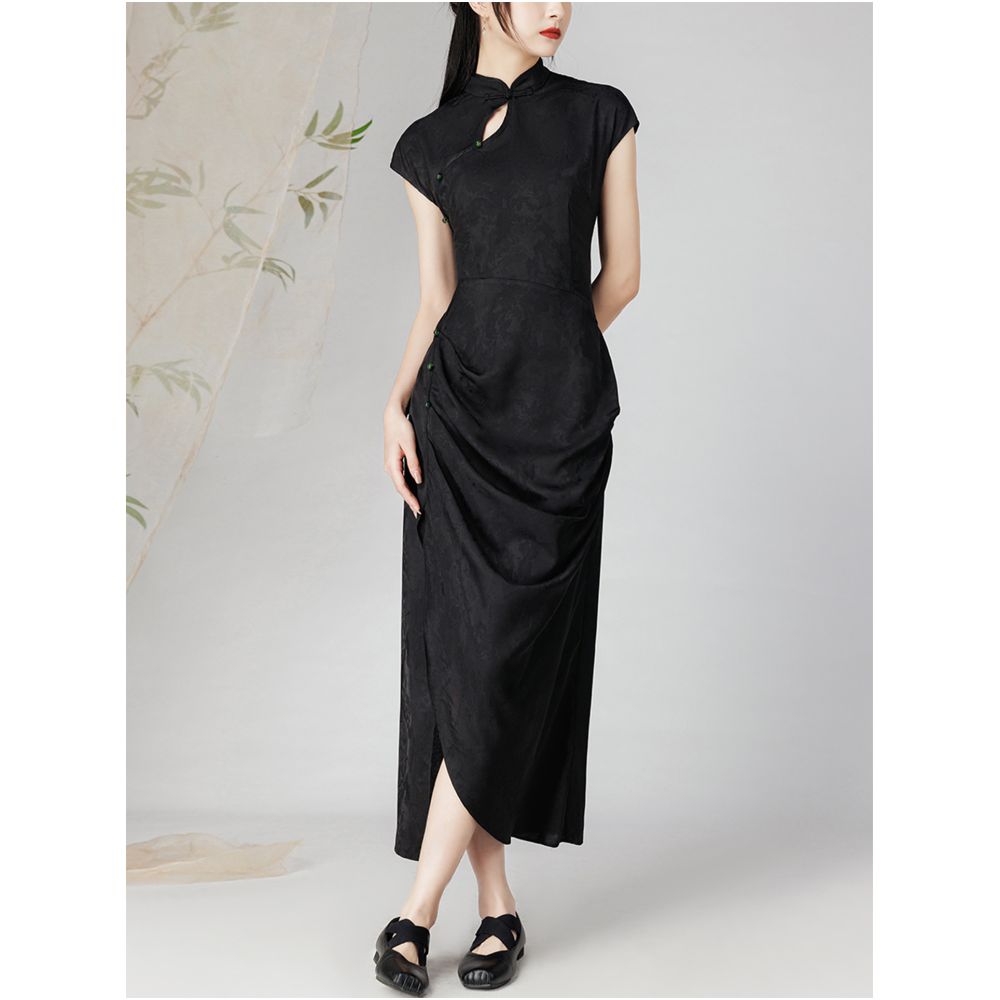 Yiyan New Chinese style Improved Cheongsam Skirt for Women in Summer Green Pattern Short Sleeve Chinese Style Pan Buckle Retro Split Dress image 15