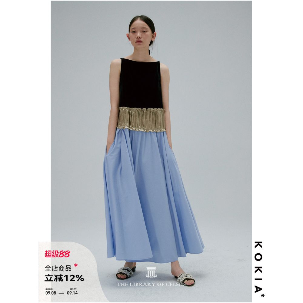 KOKIA Spot Oil Painting Color Matching Thin Velvet Acetate Three Section Splicing Dress One Collar Splicing Large Swing Skirt image 1