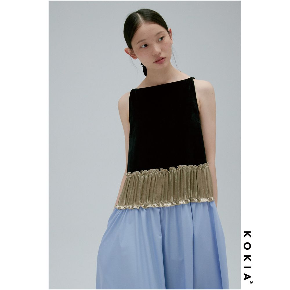 KOKIA Spot Oil Painting Color Matching Thin Velvet Acetate Three Section Splicing Dress One Collar Splicing Large Swing Skirt image 2