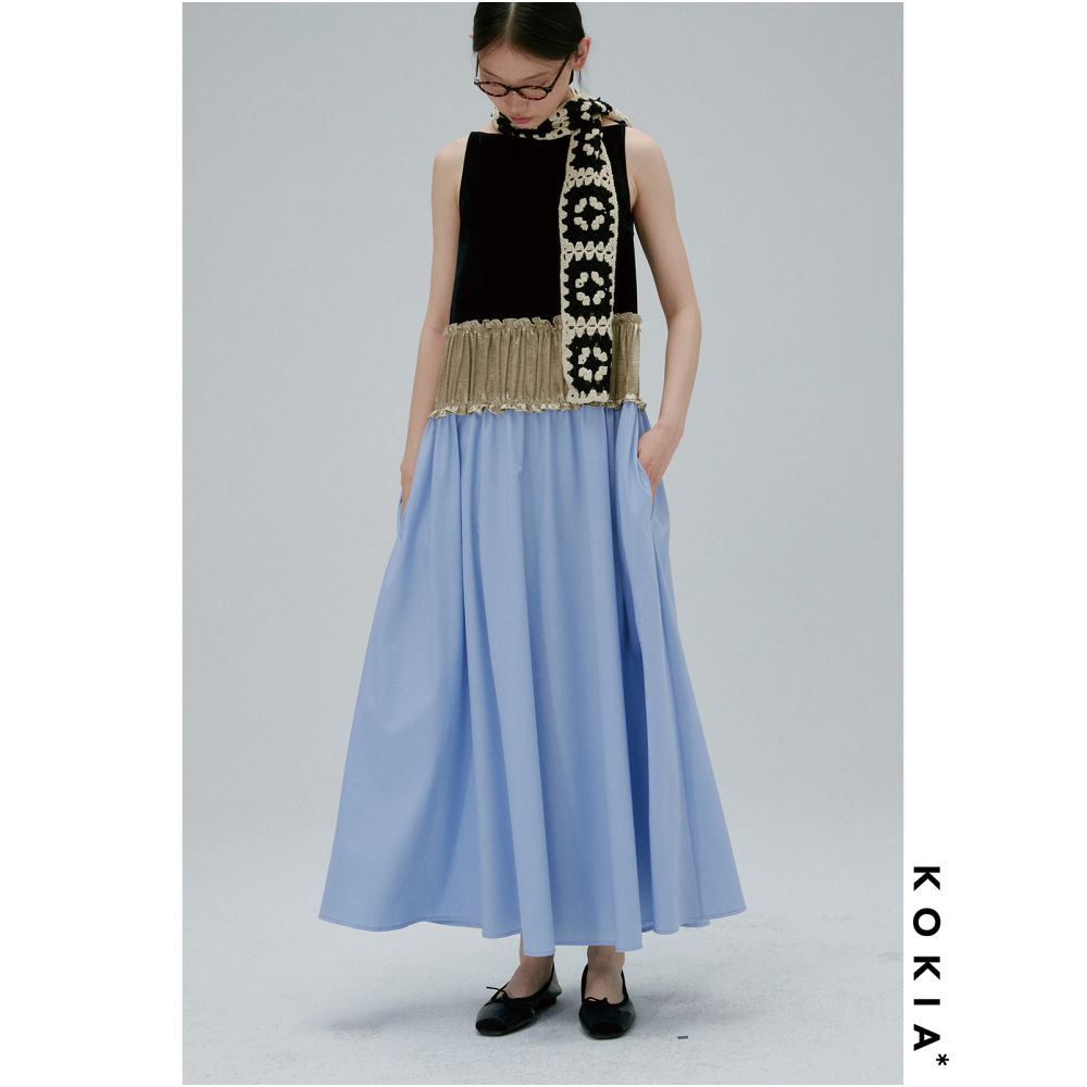 KOKIA Spot Oil Painting Color Matching Thin Velvet Acetate Three Section Splicing Dress One Collar Splicing Large Swing Skirt image 3