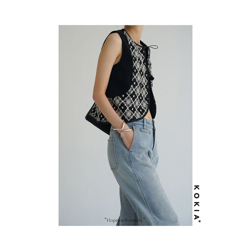 KOKIA Spot Celebrity Same Style Mix and Match King Carving Ethnic Style Heavy Industry Embroidery Curved Bottom Ultra Short Vest image 14