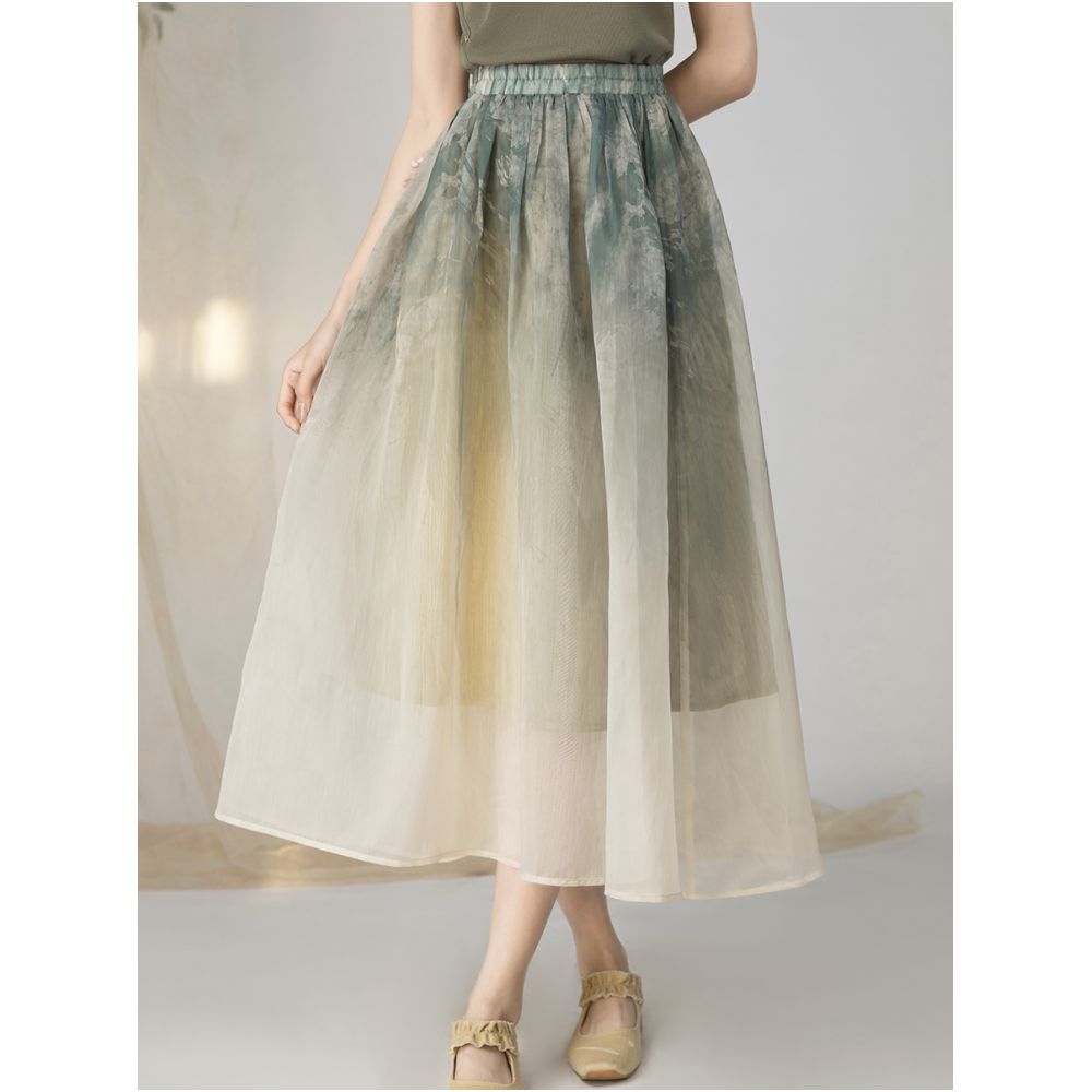 Yyan New Chinese Ink Gradient Half Skirt 2024 New Summer High Waist Green Hundred Fold Half Skirt for Women image 26