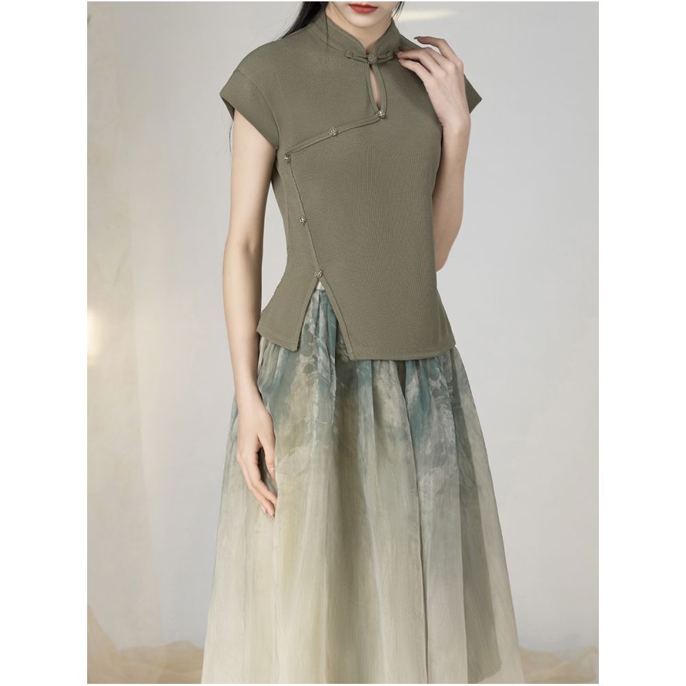 Yyan New Chinese Ink Gradient Half Skirt 2024 New Summer High Waist Green Hundred Fold Half Skirt for Women image 28