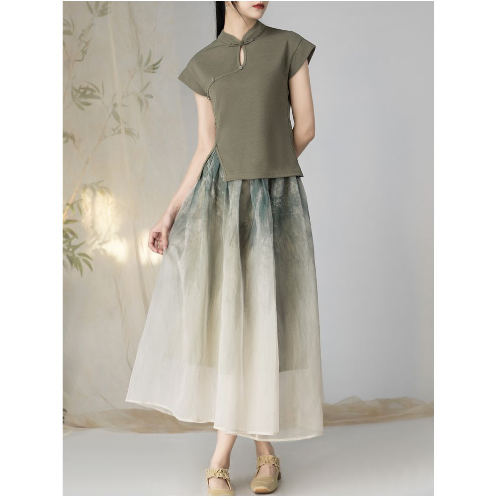 Yyan New Chinese Ink Gradient Half Skirt 2024 New Summer High Waist Green Hundred Fold Half Skirt for Women image 29