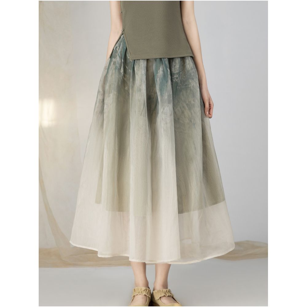 Yyan New Chinese Ink Gradient Half Skirt 2024 New Summer High Waist Green Hundred Fold Half Skirt for Women image 0